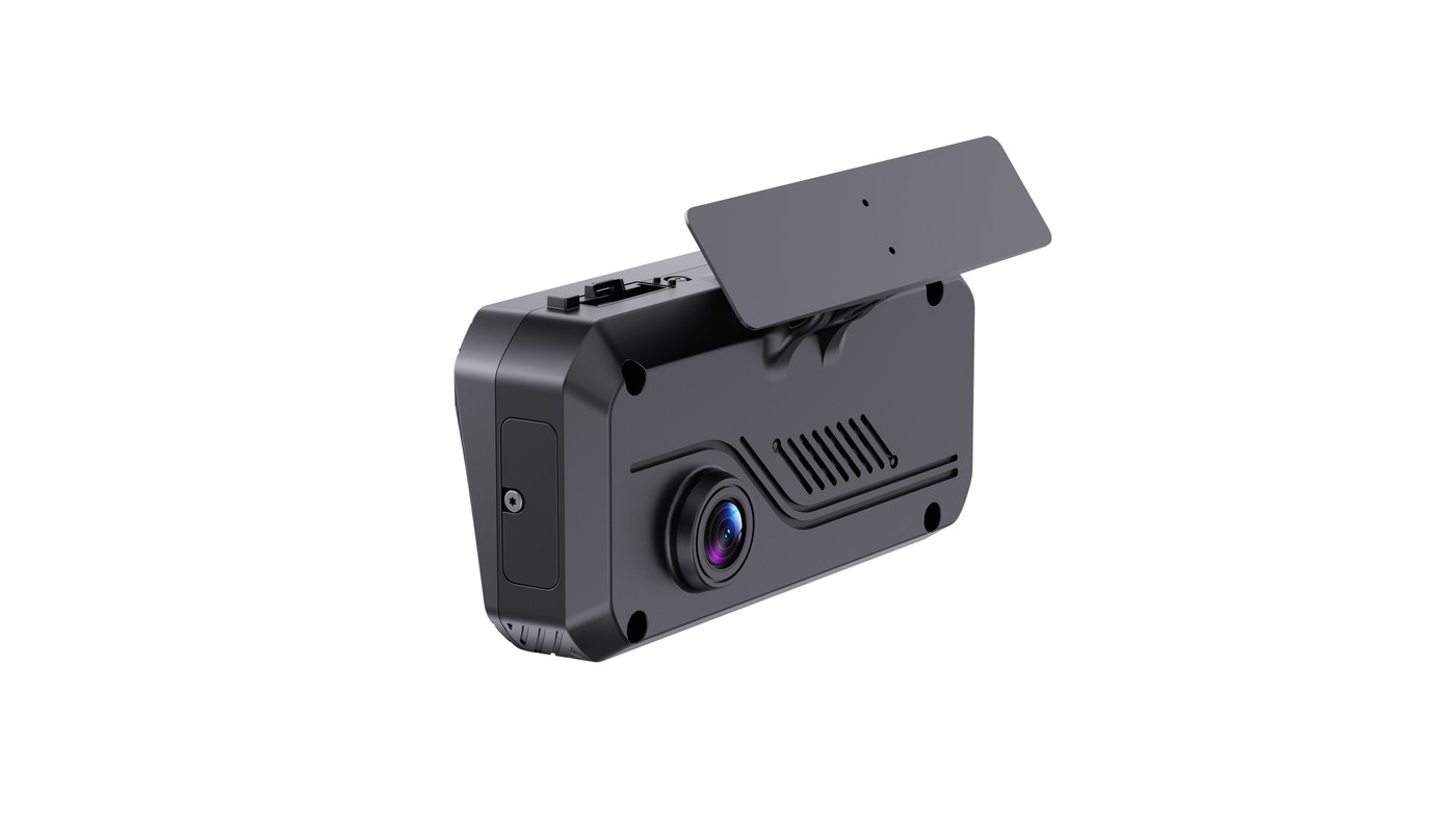 C6 Lite 3-channel AI dashcam — three-quarter view from the right showing the road-facing lens, ribbed housing, and mounting tab