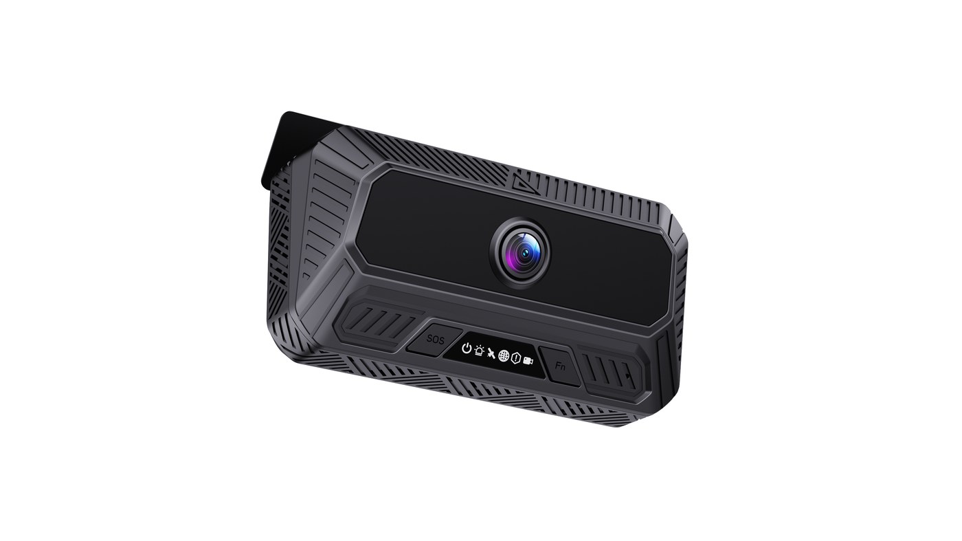 C6 Lite 3-channel AI dashcam — front view showing the lens, SOS button, status indicators, and Fn key