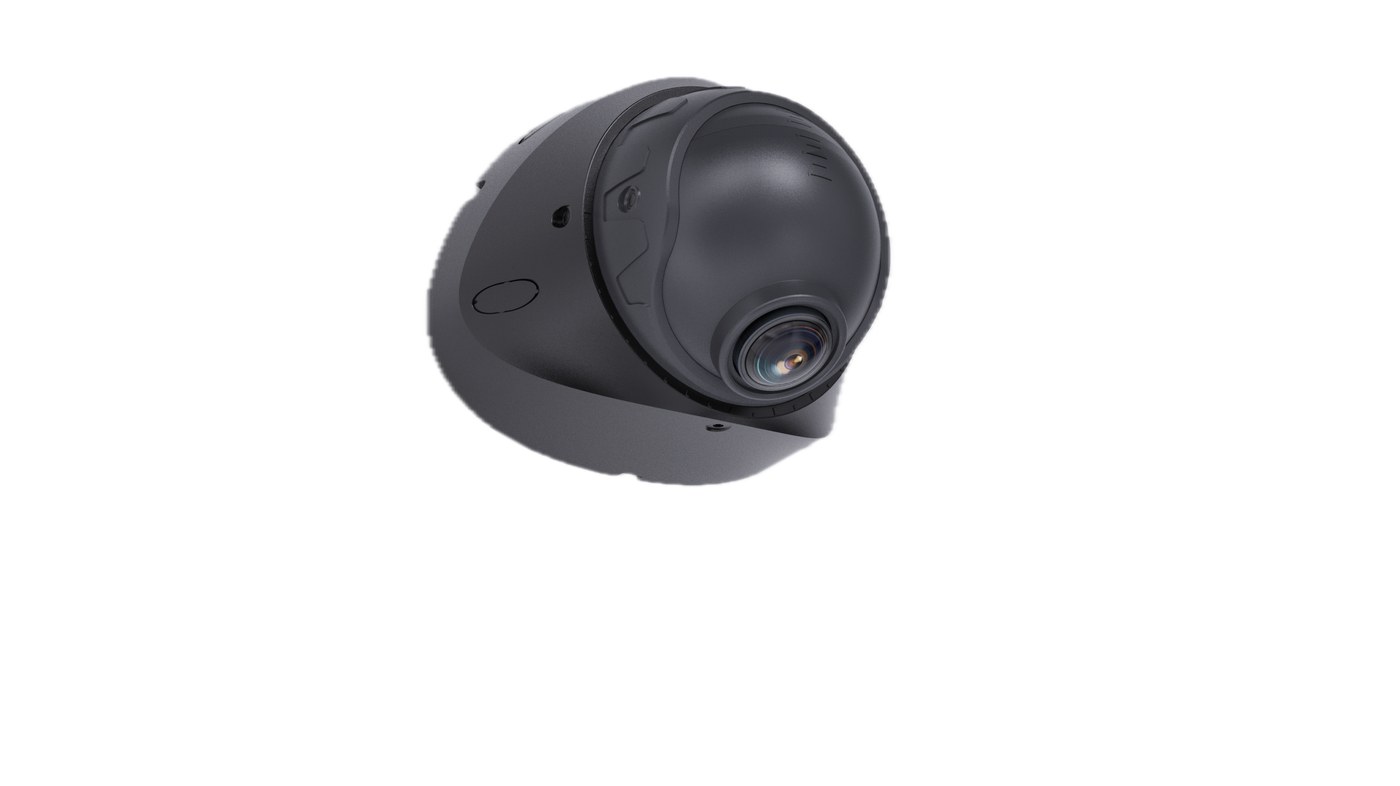 Sentinel exterior AI camera — three-quarter view from the left showing the mounting cap and rear housing