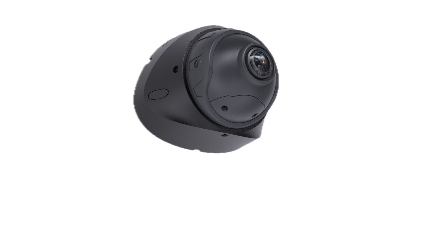 Sentinel exterior AI camera — three-quarter view from the right showing the dome, lens, and mounting base